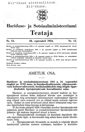 Hariduse- ja Sotsiaalministeeriumi Teataja ; 13 1934-09-28