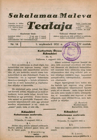 Sakalamaa Maleva Teataja ; 14 1932-09-01