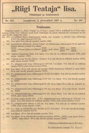 Riigi Teataja Lisa : seaduste alustel avaldatud teadaanded ; 107 1927-12-03