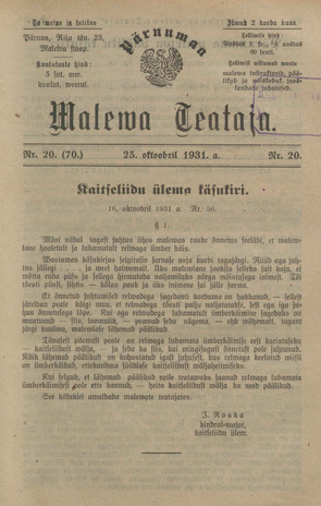 Pärnumaa Maleva Teataja ; 20 (70) 1931-10-25