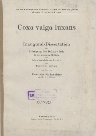 Coxa valga luxans : Inaugural-Dissertation zur Erlangung der Doktorwürde in der gesamten Medizin der Hohen med. Fakultät der Universität Marburg 