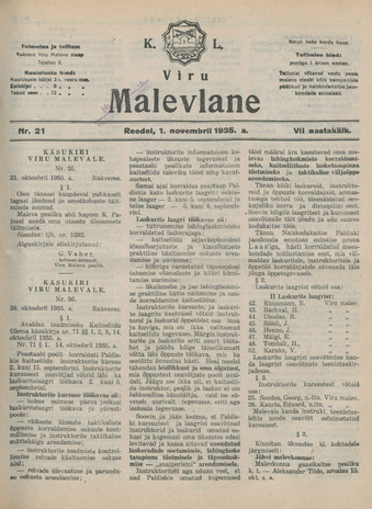 K. L. Viru Malevlane ; 21 1935-11-01