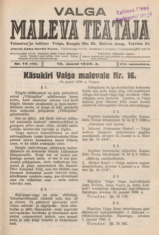 Valga Maleva Teataja ; 14 (163) 1936-06-19
