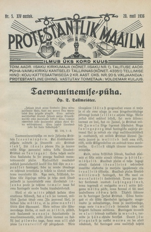 Protestantlik Maailm : Usu- ja kirikuküsimusi käsitlev vabameelne ajakiri ; 5 1936-05-20