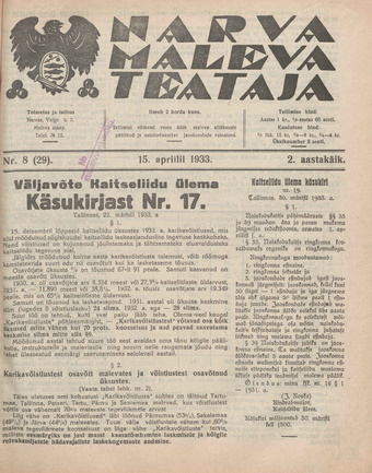 Narva Maleva Teataja ; 8 (29) 1933-04-15