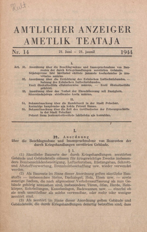 Ametlik Teataja. I/II osa = Amtlicher Anzeiger. I/II Teil ; 14 1944-06-21