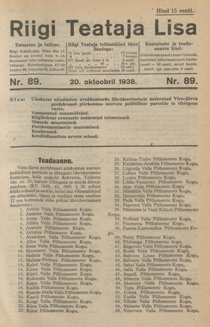 Riigi Teataja Lisa : seaduste alustel avaldatud teadaanded ; 89 1938-10-20