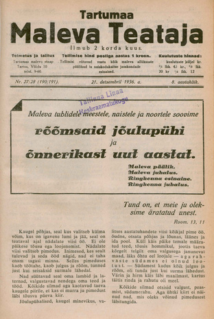Tartumaa Maleva Teataja ; 27/28 (190/191) 1936-12-21