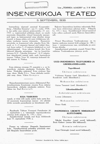 Insenerikoja Teated : ajakiri ; 7/8 1938-09-05