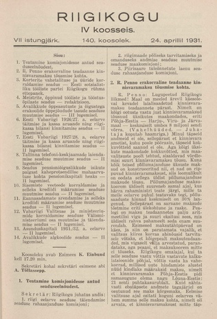 Riigikogu IV koosseis : täielikud protokollid : VII istungjärk : protokoll nr. 140