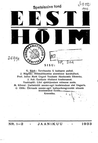 Eesti Hõim ; 1-2 1933-06