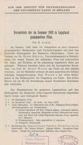 Verzeichnis der im Sommer 1932 in Lappland gesammelten Pilze