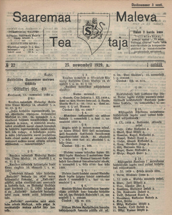 Saaremaa Maleva Teataja ; 22 1929-11-25