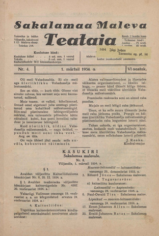 Sakalamaa Maleva Teataja ; 4 1934-03-01