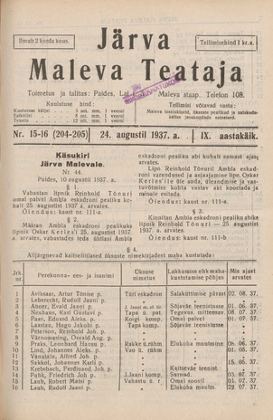 Järva Maleva Teataja ; 15-16 (204-205) 1937-08-24