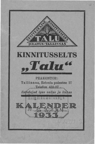 Ühistegelik kindlustusselts "Talu" : kalender 1933