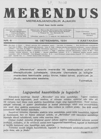Merendus : mereasjanduslik ajakiri ; 6 1934