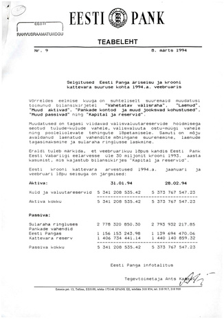 Eesti Pank : teabeleht ; 9 1994-03-08