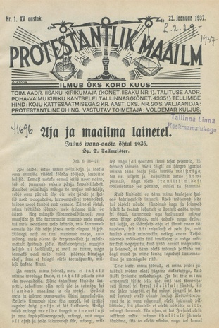 Protestantlik Maailm : Usu- ja kirikuküsimusi käsitlev vabameelne ajakiri ; 1 1937-01-23