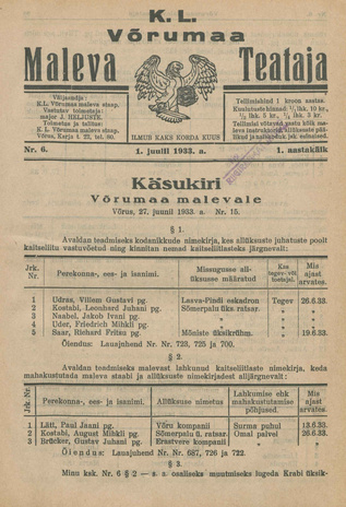 K. L. Võrumaa Maleva Teataja ; 6 1933-07-01
