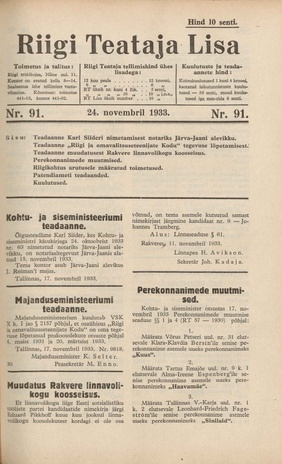 Riigi Teataja Lisa : seaduste alustel avaldatud teadaanded ; 91 1933-11-24