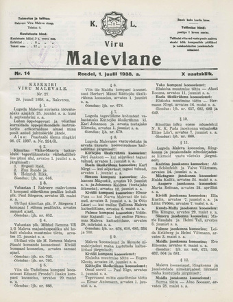 K. L. Viru Malevlane ; 14 1938-07-01