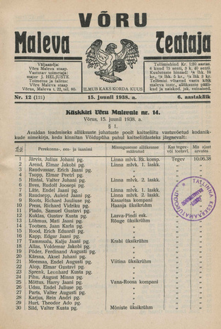 Võru Maleva Teataja ; 12 (121) 1938-06-15