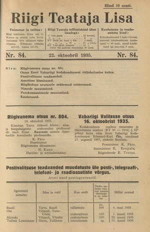 Riigi Teataja Lisa : seaduste alustel avaldatud teadaanded ; 84 1935-10-22