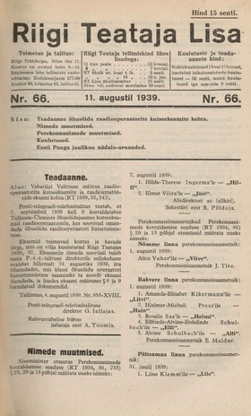 Riigi Teataja Lisa : seaduste alustel avaldatud teadaanded ; 66 1939-08-11