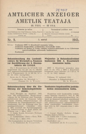 Ametlik Teataja. III osa = Amtlicher Anzeiger. III Teil ; 9 1943-03-05