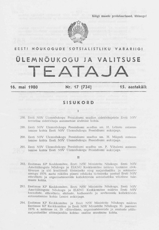 Eesti Nõukogude Sotsialistliku Vabariigi Ülemnõukogu ja Valitsuse Teataja ; 17 (734) 1980-05-16