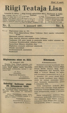 Riigi Teataja Lisa : seaduste alustel avaldatud teadaanded ; 3 1937-01-08