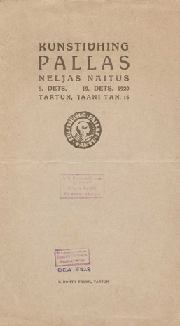 Kunstiühing Pallas : neljas näitus : 5. dets. - 19. dets. 1920 Tartun, Jaani tän. 16