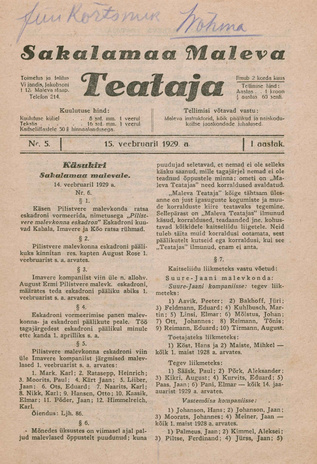 Sakalamaa Maleva Teataja ; 5 1929-02-15