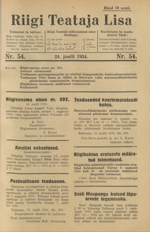 Riigi Teataja Lisa : seaduste alustel avaldatud teadaanded ; 54 1934-07-24