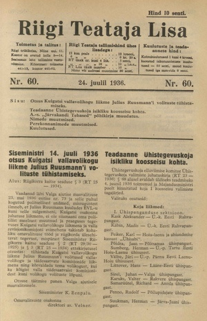 Riigi Teataja Lisa : seaduste alustel avaldatud teadaanded ; 60 1936-07-24