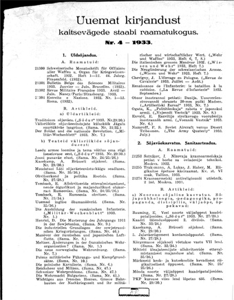 Uuemat Kirjandust Kaitsevägede Staabi raamatukogus ; 4 1933