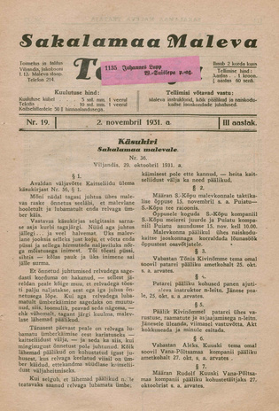 Sakalamaa Maleva Teataja ; 19 1931-11-02