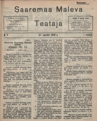 Saaremaa Maleva Teataja ; 8 1929-04-15