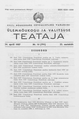Eesti Nõukogude Sotsialistliku Vabariigi Ülemnõukogu ja Valitsuse Teataja ; 14 (791) 1987-04-24