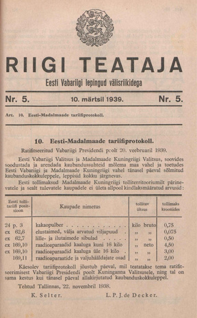 Riigi Teataja. Eesti Vabariigi lepingud välisriikidega ; 5 1939-03-10