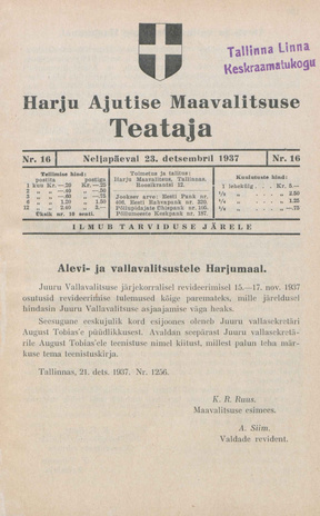 Harju Maavalitsuse Teataja ; 16 1937-12-23