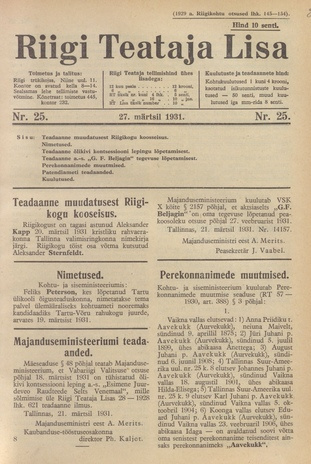 Riigi Teataja Lisa : seaduste alustel avaldatud teadaanded ; 25 1931-03-27