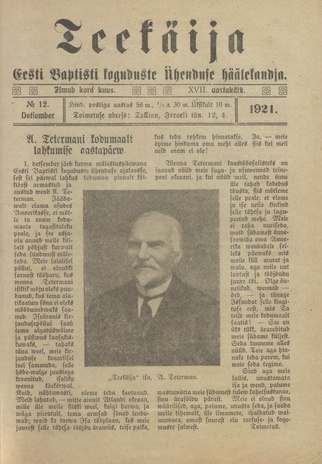 Teekäija : Eesti Baptisti Koguduse Ühenduse häälekandja ; 12 1921-12