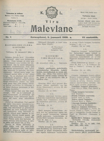 K. L. Viru Malevlane ; 1 1935-01-02