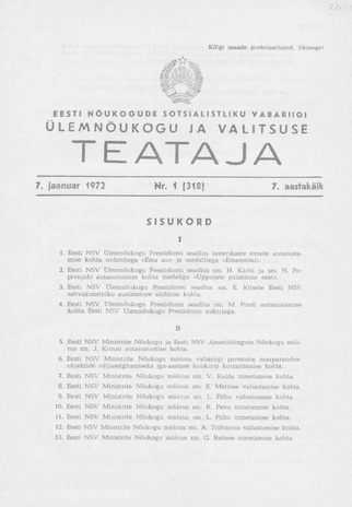 Eesti Nõukogude Sotsialistliku Vabariigi Ülemnõukogu ja Valitsuse Teataja ; 1 (318) 1972-01-07