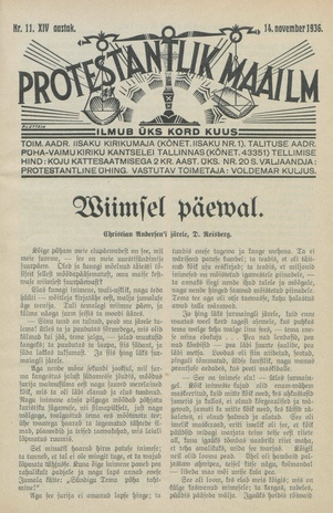 Protestantlik Maailm : Usu- ja kirikuküsimusi käsitlev vabameelne ajakiri ; 11 1936-11-14
