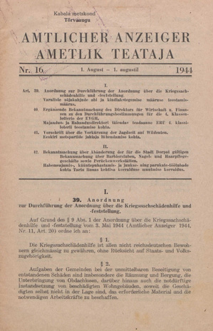Ametlik Teataja. I/II osa = Amtlicher Anzeiger. I/II Teil ; 16 1944-08-01