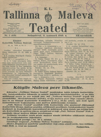 K. L. Tallinna Maleva Teated ; 1 (419) 1940-01-11