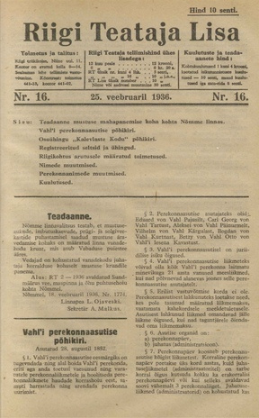 Riigi Teataja Lisa : seaduste alustel avaldatud teadaanded ; 16 1936-02-25